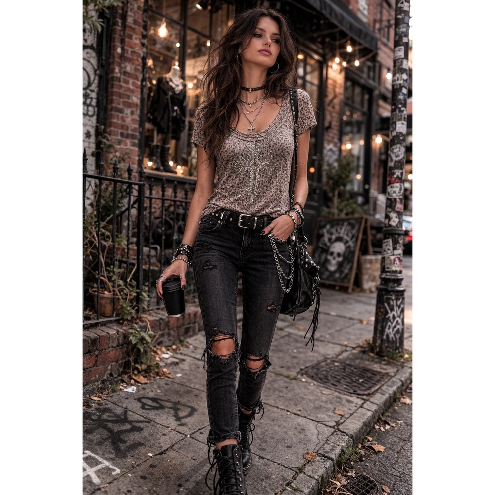Western Grunge Cowgirl Leopard Sequin Cross Semi Sheer Thin Slim Fit Lg T Shirt